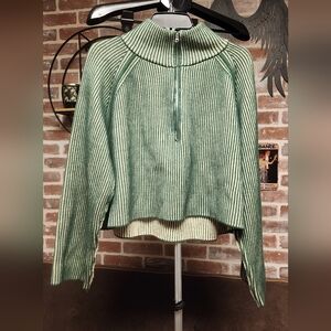 Zenana Outfitters Green and White Striped Turtleneck Sweater